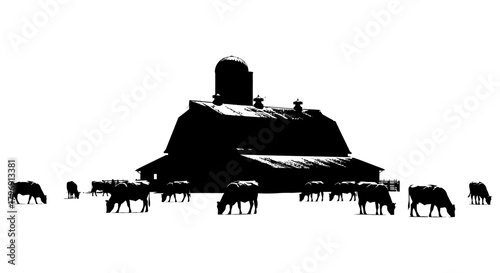 Rustic Farm Scene Silhouetted Barn and Grazing Cows in a Black and White Rural Landscape Illustration, Evoking Tranquility and Countryside Charm