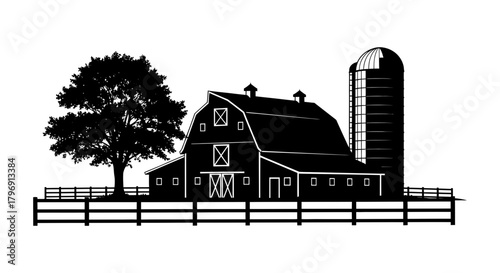 Black and white illustration of a farm scene featuring a barn, silo, tree, and fence, evoking a sense of rural life, agriculture, and the countryside