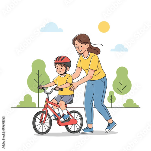 Mother teaching her young son to ride a bicycle in a park on a sunny day, with trees in the background.