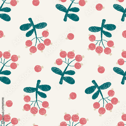 Seamless Pattern Crayon Plants Red Berries on white background. Hand-Drawn Floral Ornament. Textured Template Primitive Drawing doodle. Vector illustration. Not AI