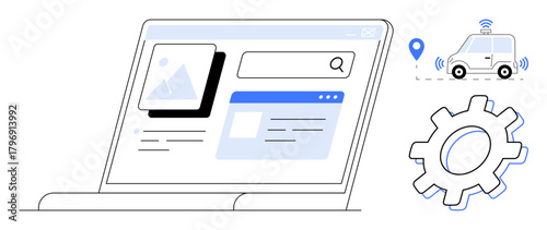 Laptop displaying search engine and webpage layout, cogwheel symbolizing optimization, and driverless car with location pin. Ideal for technology, innovation, automation, navigation, connectivity