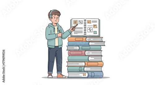 Teenager Explaining Study Material from Books Stack with Headphones Ready For Learning