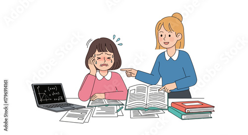 Frustrated student struggling with studies being assisted by teacher guidance in classroom setting