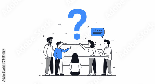Brainstorming team encountering a complex challenge outlined by a giant question mark concept