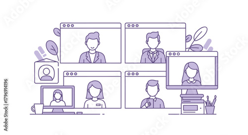 Virtual meeting platform interface with coworkers, vector illustration representing remote