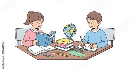 Illustration of cheerful children focused on studying together in a shared space