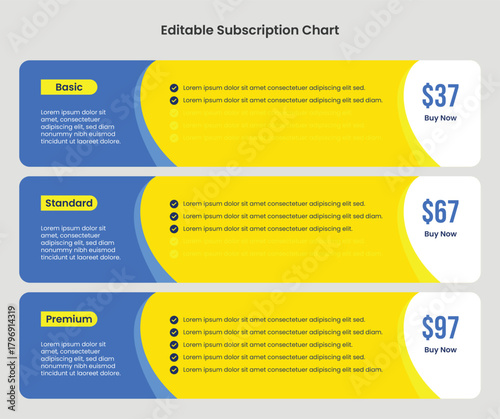 Subscription plans pricing comparison table infographic template: Landscape business price chart template, Web banner checklist template design. Design a price list comparison table.