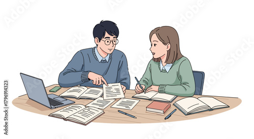 Focused collaborative studying session with laptop and paperwork on a neutral background