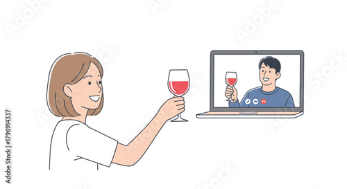 Virtual wine cheers, a modern connection, sharing moments through technology during distance