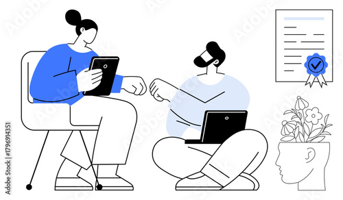 Two individuals interacting with digital devices, sharing ideas. Includes certificate, blooming mind, fostering creativity, teamwork, achievement, and innovation. Ideal for education business