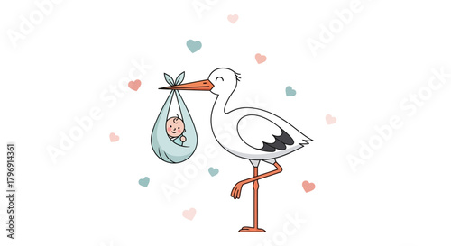 Delivering joy: Cartoon stork illustration with newborn baby against white background