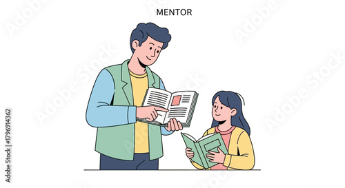 An illustration of a mentor guiding a student through a book, fostering learning process