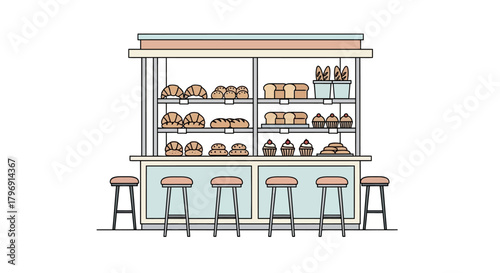 Charming bakery display with pastries, breads and sweets in a clean illustration of a shop interior