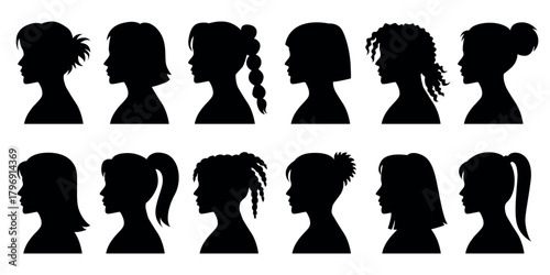 Female head silhouettes set, diverse woman profile faces in black vector style