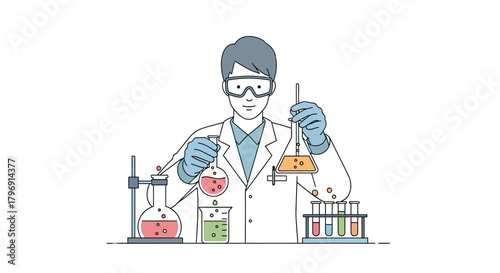 Illustration of scientist conducting chemical experiments with beakers and flasks diligently in