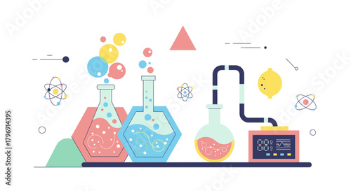 Creative chemistry laboratory illustration showcasing experiment equipment and abstract elements