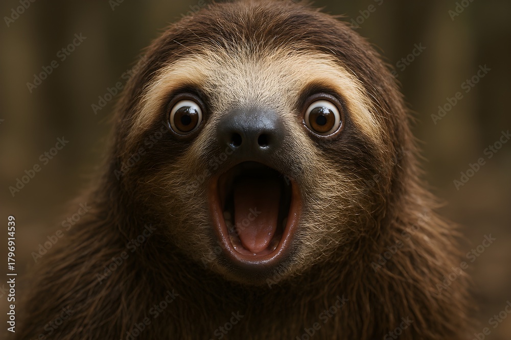 Fototapeta premium Close-up of a surprised sloth with wide eyes and an open mouth, looking directly at the camera with a shocked expression.