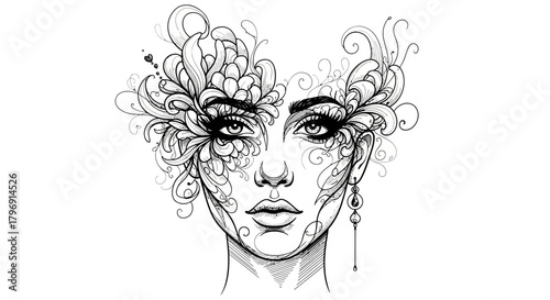 Floral adorned face, abstract beauty with intricate botanical headpiece illustration