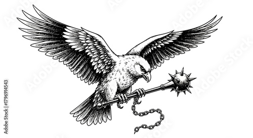 Powerful avian predator clutching spiky mace illustration with spread wings of darkness