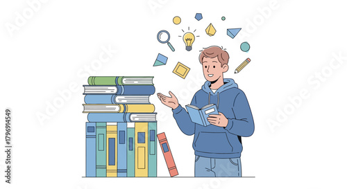 Man with books generating new ideas and thoughts after reading on a white background