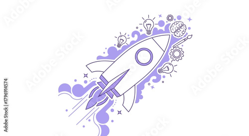 Conceptual illustration showcasing innovation, startup launch, and creative thinking with a rocket