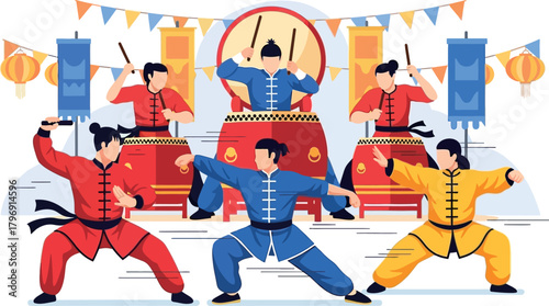 People in traditional Chinese attire performing martial arts and playing drums during a vibrant cultural celebration or festival.