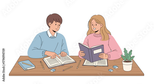 Engaging study session: Students collaborating on homework with books and plant