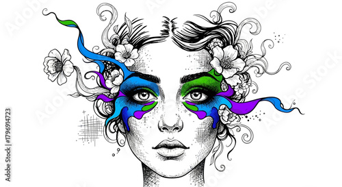 Surreal woman portrait with vibrant floral elements and intricate sketch details enhanced art design