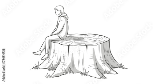 Lonely figure perched on weathered tree stump in monochrome sketch landscape