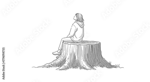 Pensive solitary girl sitting on old tree stump looking up into the sky in monochrome drawing