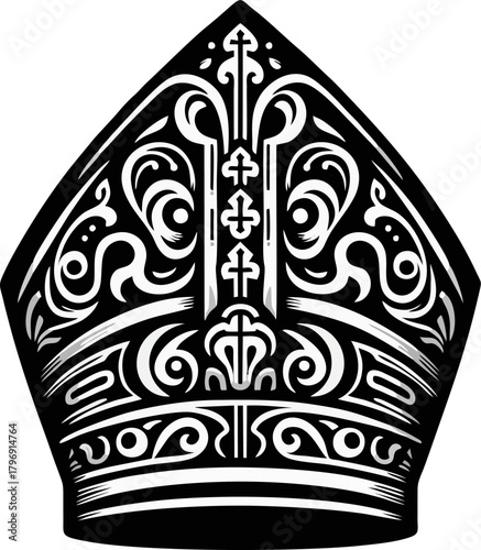 Intricate Ornate Bishop Mitre Hat Vector, Decorative Catholic Clergy Headwear with Cross