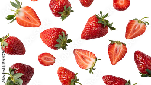 Scattered strawberries with green stems and some cut in half on black background
