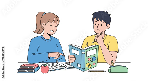 Two students collaborate on studies with textbooks and an apple on the desk for a healthy snack