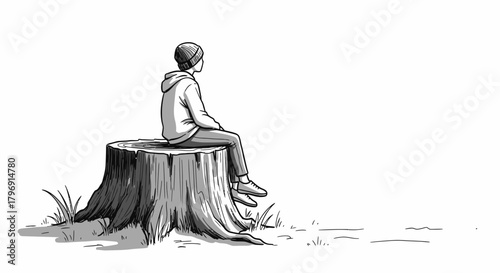 Monochrome contemplation: a young man's thoughtful pause seated on a weathered tree stump sketch