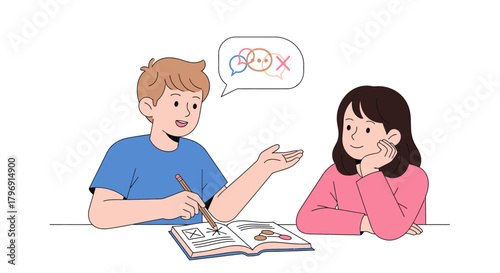 Illustration of students sharing ideas and problem-solving in a classroom setting for education