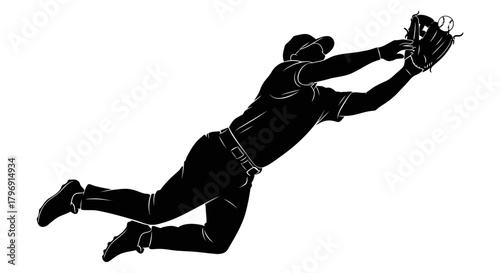 Baseball Player Diving Catch Silhouette Dynamic Action Depicted in Black and White, Illustrating the Thrilling Moment of a Sports Catch for Design and Visuals