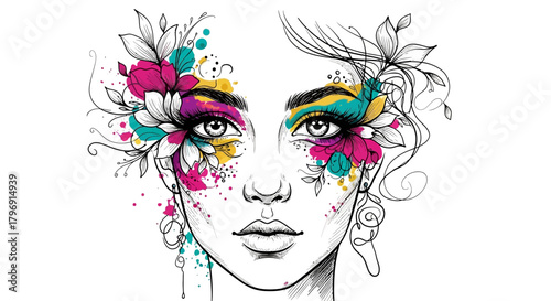 Elegant floral face artwork with vibrant colors and abstract design elements portrays beauty