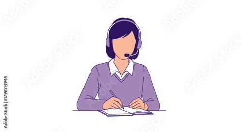 Illustration depicting a female customer service representative taking notes with headset
