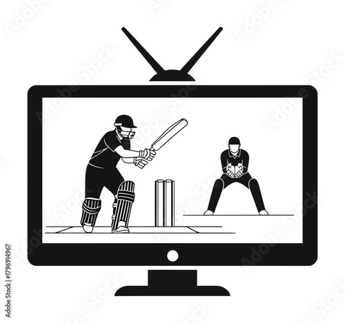A black and white vector icon of a live cricket match broadcast on an old television set, showing the dynamic action of a batsman and a keeper