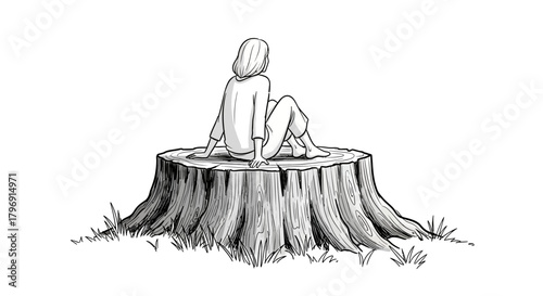 Solitude in Nature: A Pensive Figure Resting Atop an Old Tree Stump Sketch