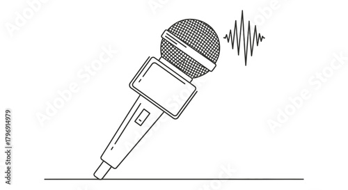 A simple line drawing of a vintage microphone with sound waves emanating from it, representing audio recording, broadcasting, or speech