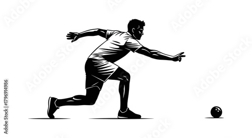 Dynamic black and white illustration of a male athlete performing a focused, powerful throw during a bowling or bocce game, highlighting skill and athletic precision