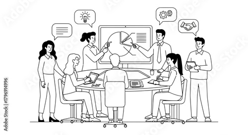 Business meeting in office with diverse team collaborating around a table discussing charts on a screen and sharing ideas with speech bubbles, representing teamwork and strategy in a modern workspace