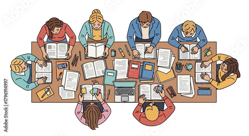 Diverse group of students collaborating in a study session centered around a table laden with
