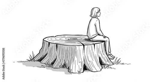 Woman sitting on a tree stump in contemplation depicted in sketched monochrome art