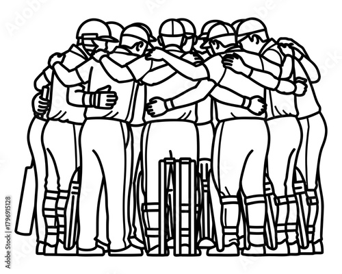 Monochrome vector line art illustration of a cricket team in a strategic huddle. Players are united in a circle, showcasing teamwork and sportsmanship