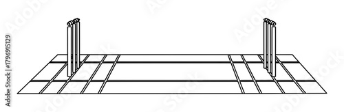 Crisp vector illustration of an empty cricket pitch with wickets, ready for a competitive match, embodying the spirit of sports, teamwork, and outdoor activity