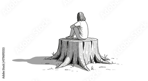 Contemplative figure seated atop a weathered tree stump with a shaded landscape element