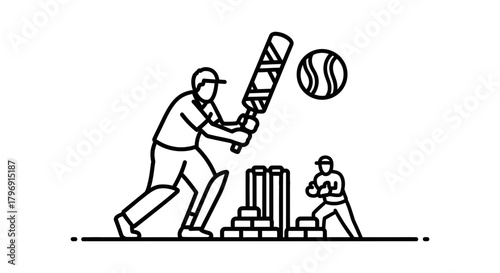 A striking illustration of a cricketer in action, perfectly poised to hit the ball, with the bowler ready to deliver, and the wickets standing firm for a classic game