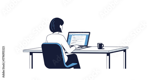 Woman working on laptop, minimalist vector illustration for remote work concept